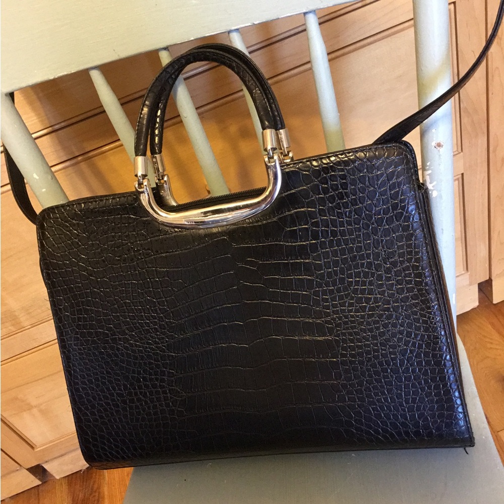 Black 11”x14” Shoulder bag Crossbody Briefcase w/ silver trim 4 pockets like new
